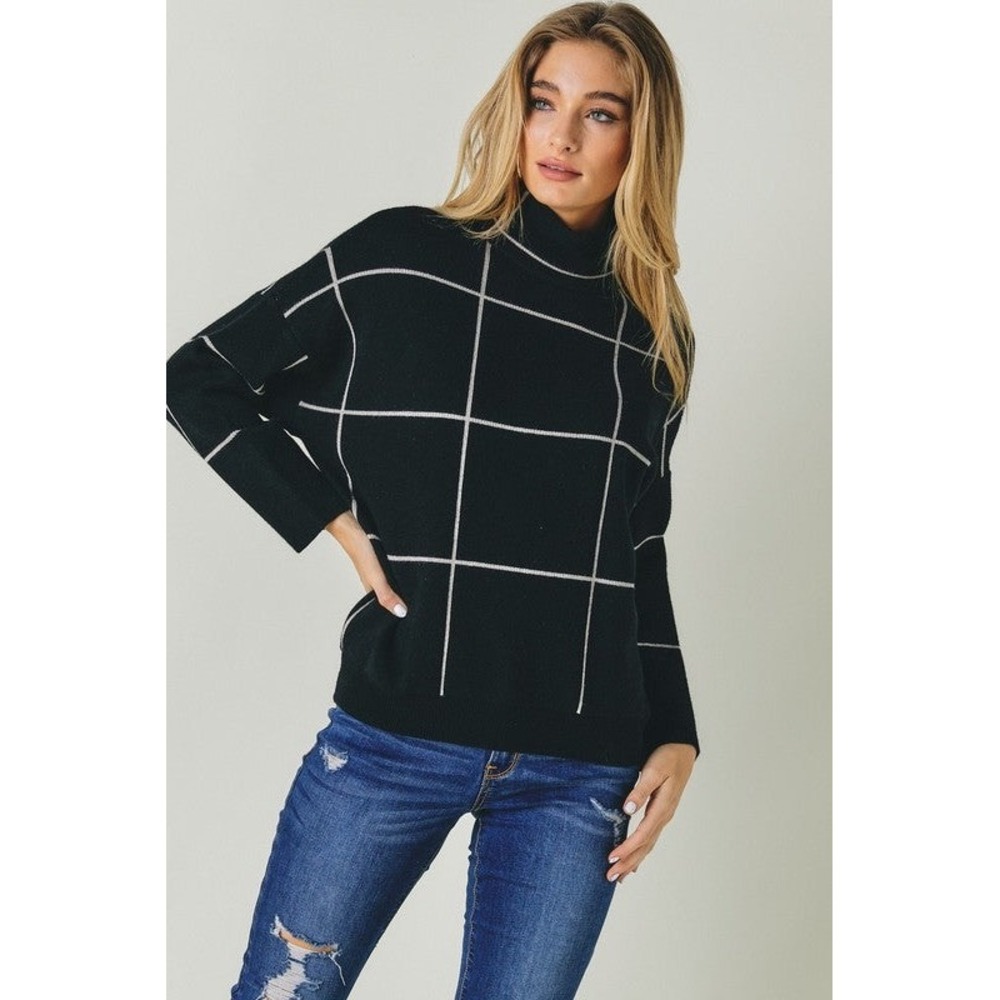 DAVI & DANI Black Grid Turtleneck Sweater Size L Long‎ Sleeve Pullover Knit